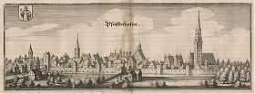Pfaffenhofen: Kupferstich, Matthaeus Merian, aus: Topographia Bavariae, um 1650 - Antiquariat Steutzger