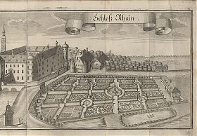 DETAILANSICHT : Schloß Rhain (=Schloss Rain/bei Straubing): Kupferstich bei Michael Wening, 1726 (=1. Auflage) - Antiquariat Steutzger