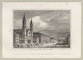 München: Ludwigskirche, Bibliothek, Ludwigsstraße. - Stahlstich um 1845. - Antiquariat Steutzger