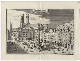 München - Marienplatz : Kupferstich, Matthäus Merian, Topographia Bavariae, um 1650 - Antiquariat Steutzger / Buch am Buchrain & Wasserburg am Inn
