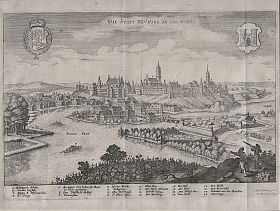 Neuburg/Donau: Kupferstich, Matthäus Merian, Topographia Bavarariae, um 1650 - Antiquariat Steutzger / Buch am Buchrain & Wasserburg am Inn