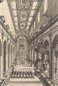 Nürnberg : Heilig-Geist-Spital/Spitalkirche (Innenansicht). - Kupferstich von Johann Ulrich Kraus nach Johann Andreas Graff, 1696. - Antiquariat Joseph Steutzger / Buch am Buchrain & Wasserburg am Inn