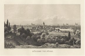 München von Süden (Sendling) : Stahlstich von A. Meermann, um 1880 - Antiquariat Joseph Steutzger / Buch am Buchrain & Wasserburg am Inn