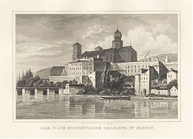 PASSAU / Dom und die Bischöfliche Residenz : Stahlstich, Poppel/Scheuchzer, um 1880 - Antiquariat Joseph Steutzger / Buch am Buchrain & Wasserburg am Inn