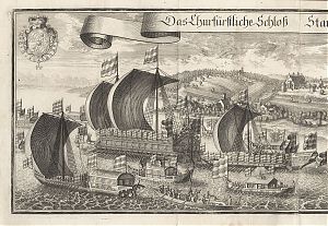 Schloß Starnberg mit dem Bucentaurus : "Das Churfürstliche Schloß Starenberg am Würmsee". - Kupferstich von Michael Wening, 1701 (Erstausgabe). - Antiquariat Joseph Steutzger / Wasserburg am Inn & Buch am Buchrain